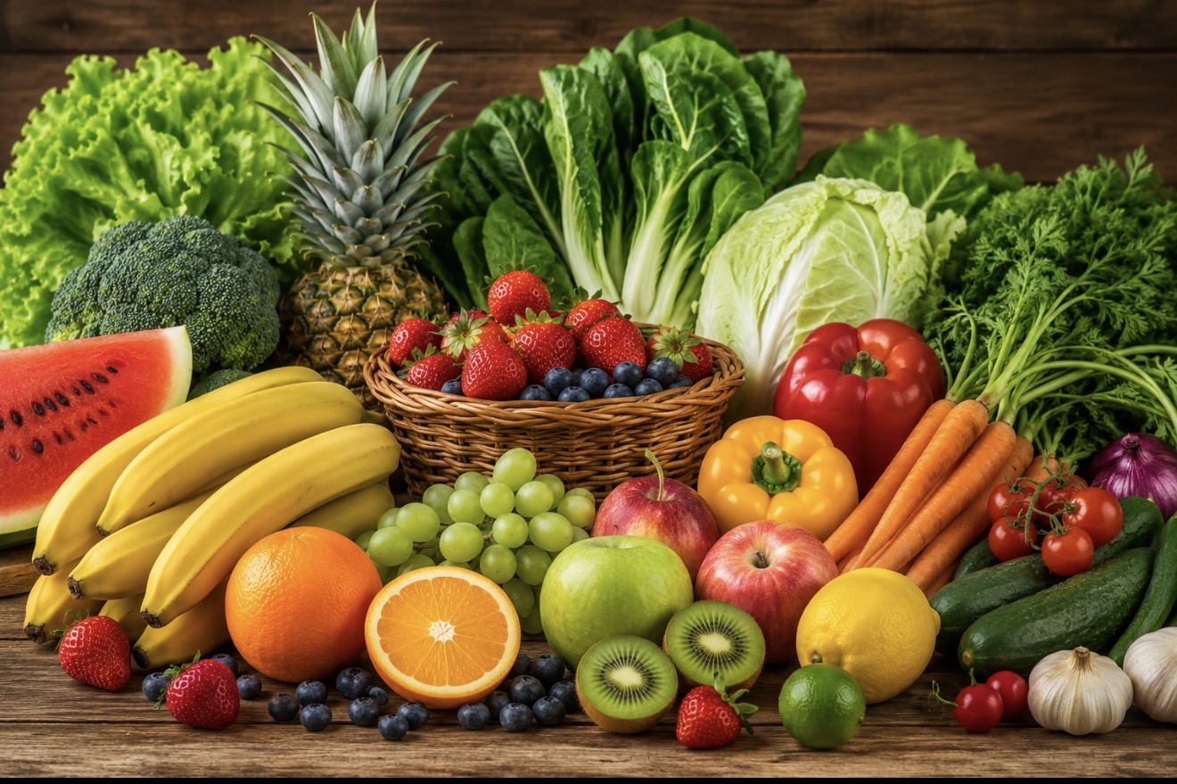 Fresh fruits and vegetables spread on a rustic wooden table